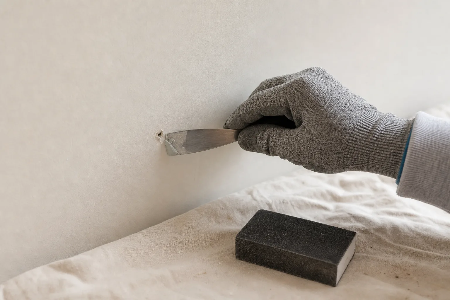 Main gantée appliquant de l’enduit sur un petit trou d’un mur intérieur
