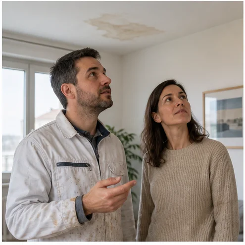 artisan peintre et résidente examinant prudemment un plafond marqué par une ancienne auréole dans un appartement suisse lumineux